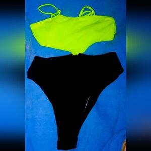 Source Unknown Neon Lime and Black One-Shoulder Swim Set